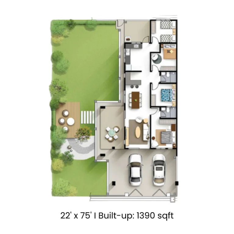 Klemeru 1 floor plan — 22' × 75' layout, 1,390 sq ft built-up