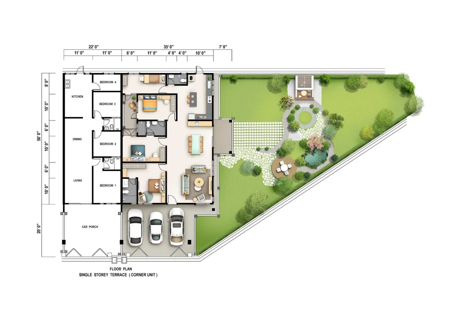 Klemeru 4 floor plan — The Modern Terrace — corner, Land 22' × 70' · 4 bed, 2 bath