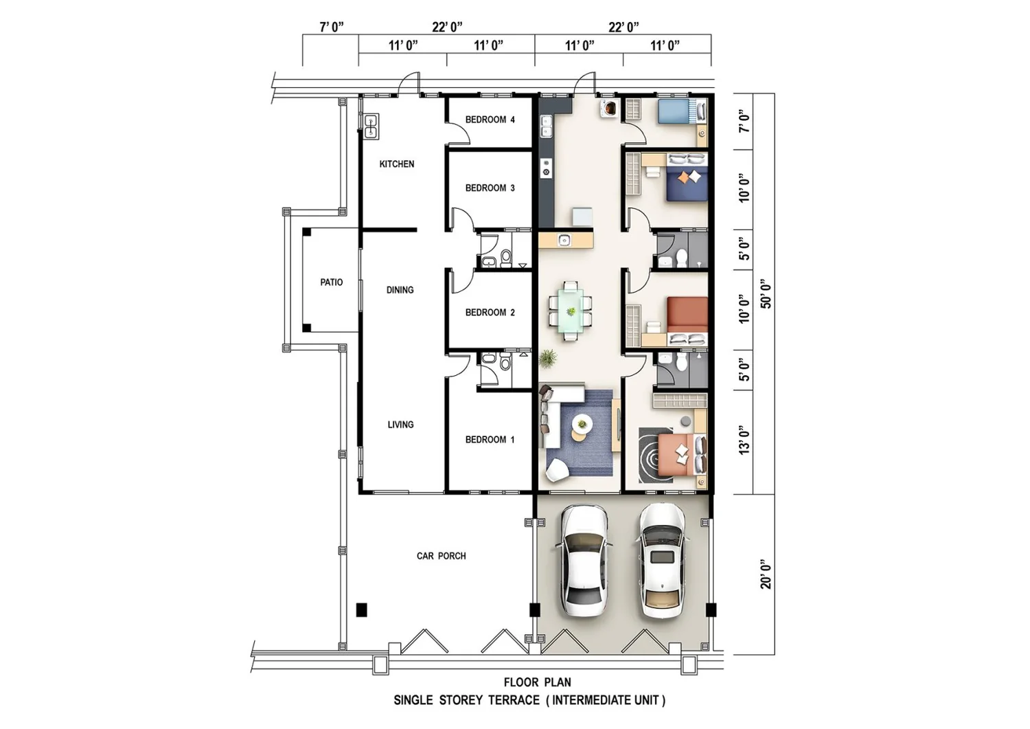 Klemeru 4 floor plan — The Modern Terrace — intermediate, Land 22' × 70' · built-up 22' × 50' · 4 bed, 2 bath
