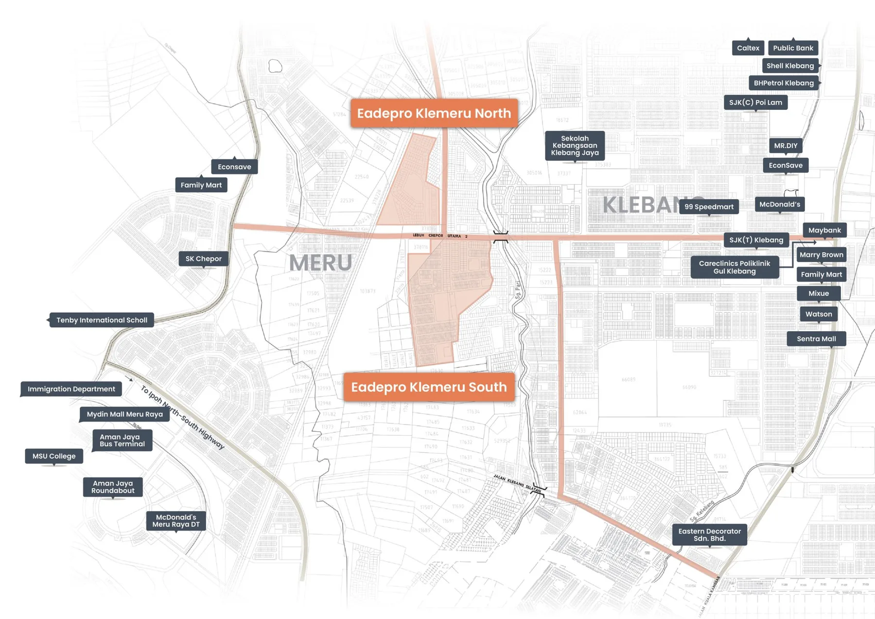 Klemeru location map showing Meru, Meru, Klebang and Ipoh town access